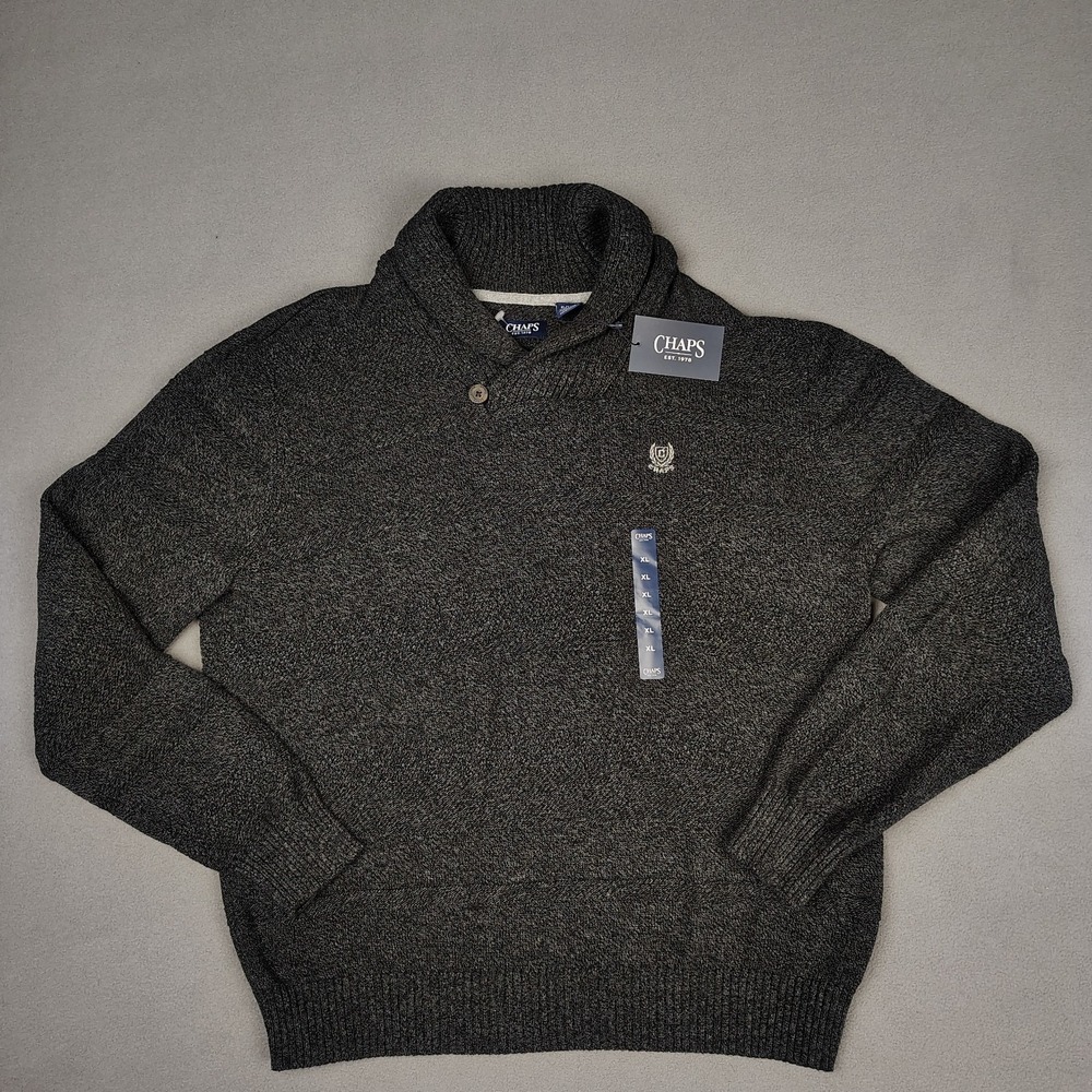 New Chaps Sweater Mens XL‎ Charcoal Ribbed Mock Neck Crest Logo Ralph Lauren $70